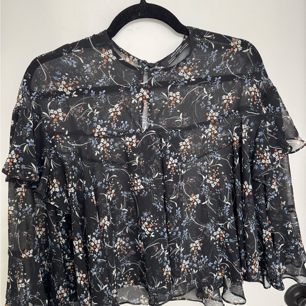 Zara Floral Chiffon Blouse - Black and White